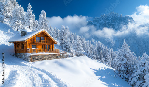 Winter cabin among snowy trees. A cozy wooden cabin sits peacefully in a snowy landscape, surrounded by tall trees under a bright blue sky.