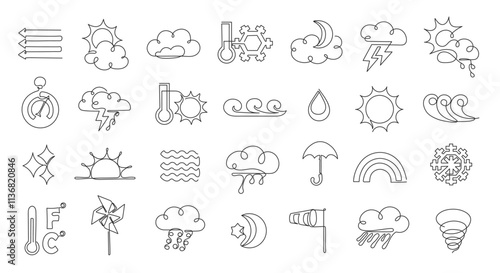 Continuous one line weather icons. Minimalist linear weather forecast symbols for clouds, sun, rain, wind and meteorological outline vector elements set.