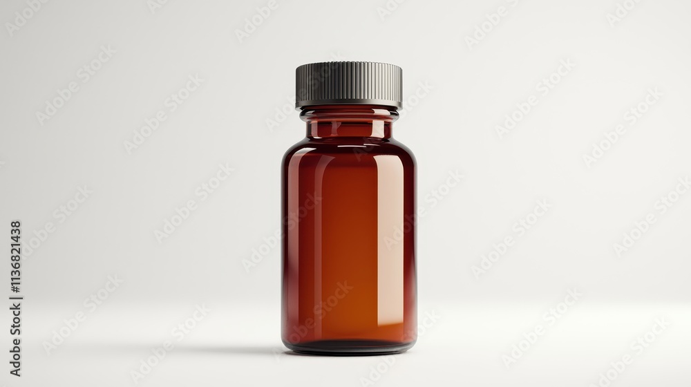 Brown Glass Bottle with Silver Lid on Light Gray Background, Ideal for Medicine, Supplements, and Essential Oils in Stock Photography Brown Glass Bottle with Silver Lid on Light Gray Background, Ideal for Medicine, Supplements, and Essential Oils in Stock Photography