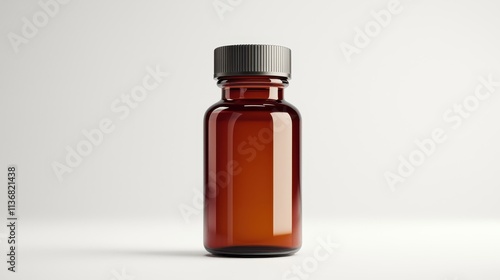 Brown Glass Bottle with Silver Lid on Light Gray Background, Ideal for Medicine, Supplements, and Essential Oils in Stock Photography