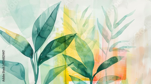 Abstract watercolor illustration featuring green leaves against a colorful background.