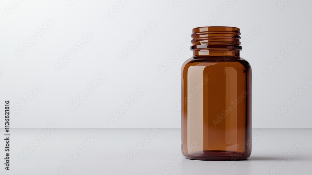 Empty amber glass bottle with a ribbed screw cap on a minimalist white background, perfect for packaging, storage, or display in a modern setting Empty amber glass bottle with a ribbed screw cap on a minimalist white background, perfect for packaging, storage, or display in a modern setting