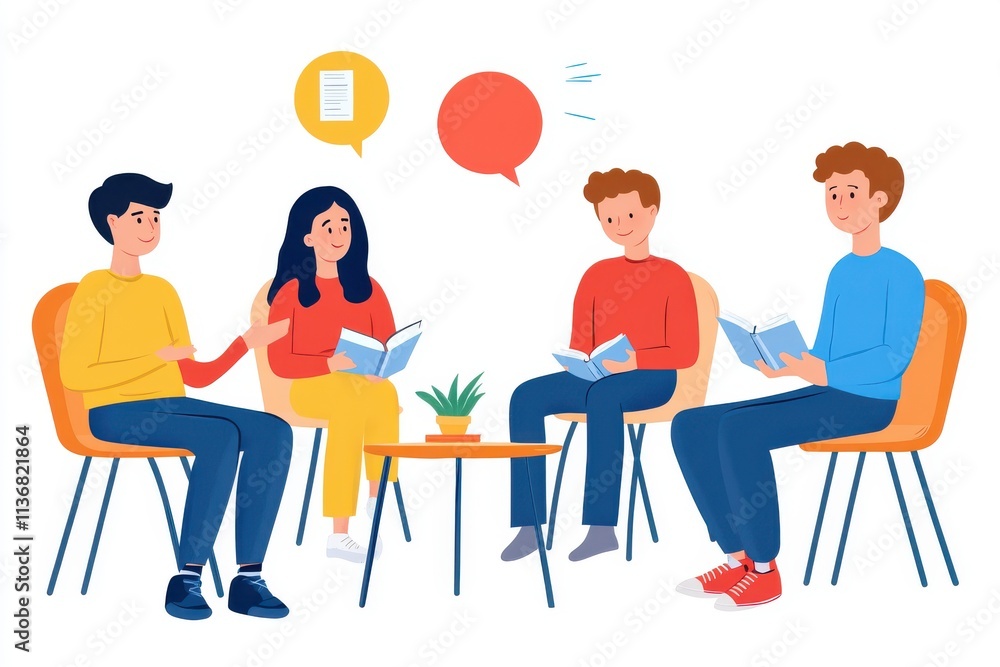 A diverse group of four young adults engaged in a lively discussion, holding books in a cozy, inviting setting. A diverse group of four young adults engaged in a lively discussion, holding books in a cozy, inviting setting.