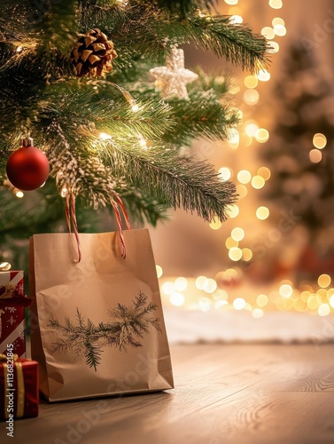 Christmas gift bag standing under decorated christmas tree with fairy lights photo