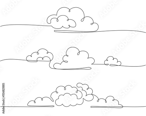 Continuous one line clouds. Minimalist linear fluffy cloud, simple nimbus and decorative sky themed overcast vector horizontal divider illustrations set.