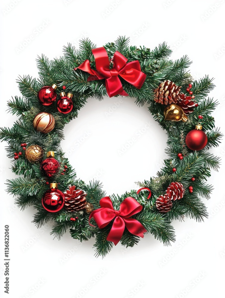 A festive wreath of evergreen branches adorned with ornaments and ribbons for Christmas celebration preparation A festive wreath of evergreen branches adorned with ornaments and ribbons for Christmas celebration preparation