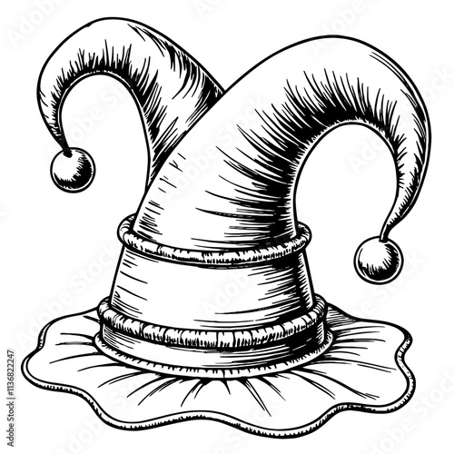 Vintage jester hat illustration in black and white, Mardi Gras concept
