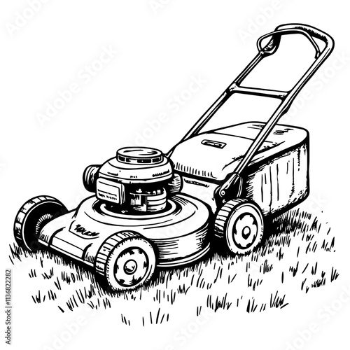 Vintage lawnmower on grass, classic illustration style