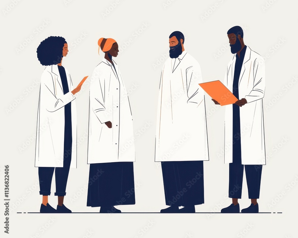 Four diverse medical professionals in lab coats discussing important findings with a serious demeanor. Four diverse medical professionals in lab coats discussing important findings with a serious demeanor.