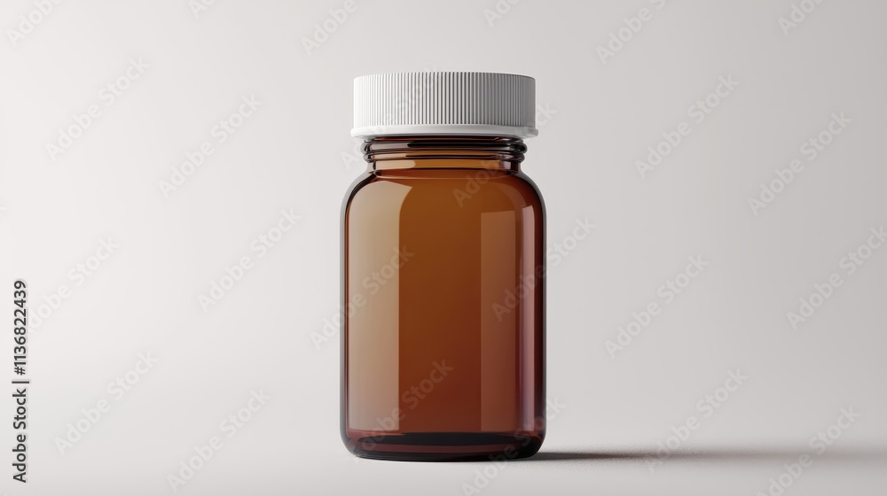 Clear view of a brown glass jar with a white cap, ideal for packaging pharmaceuticals, herbs, spices, and food items in a minimalist style setting. Clear view of a brown glass jar with a white cap, ideal for packaging pharmaceuticals, herbs, spices, and food items in a minimalist style setting.