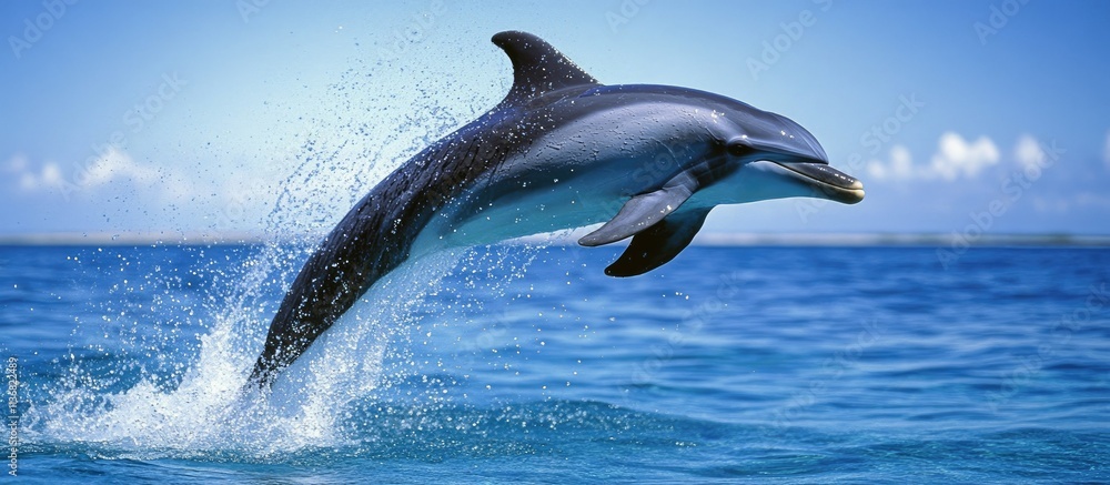 Fototapeta premium Dolphin leaping from ocean water.