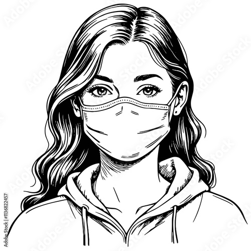 Young woman wearing face mask in black and white sketch, spring safety