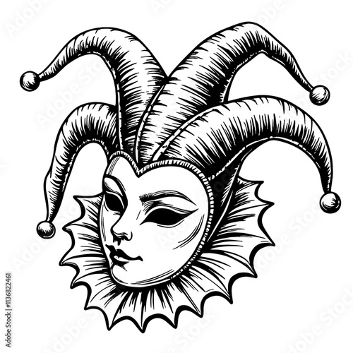 Elegant jester mask illustration in black and white, Carnival concept