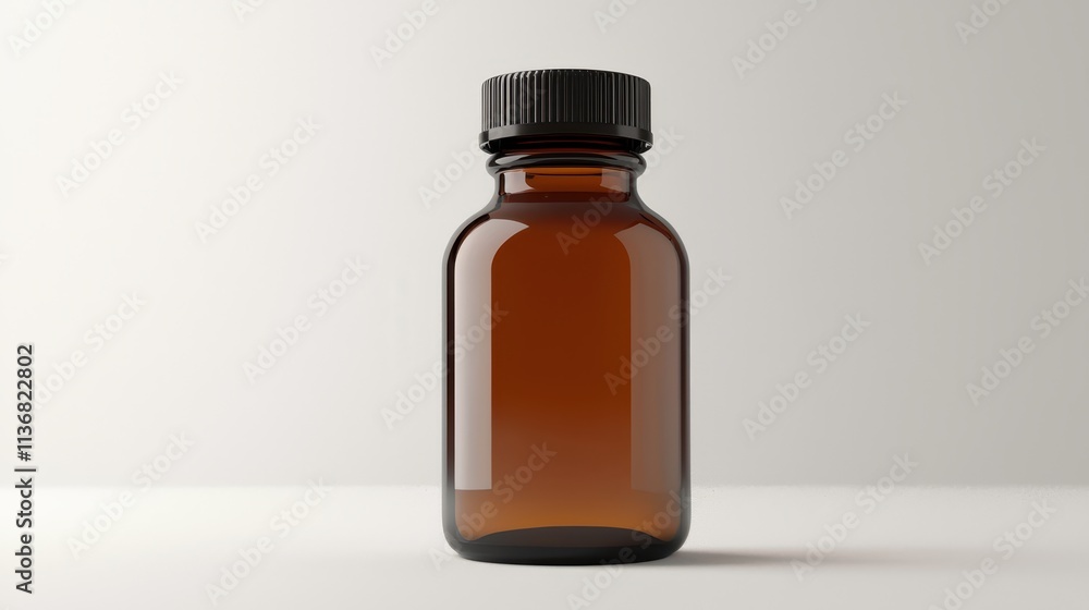Dark Amber Glass Bottle with Black Lid on a Simple White Background Ideal for Medicines, Supplements, and Cosmetic Products in Stock Photography Dark Amber Glass Bottle with Black Lid on a Simple White Background Ideal for Medicines, Supplements, and Cosmetic Products in Stock Photography