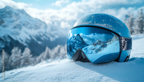 Snow-covered helmet resting on pristine powder. A bright blue helmet sits in the snow, reflecting majestic mountains under a clear sky in a winter wonderland.