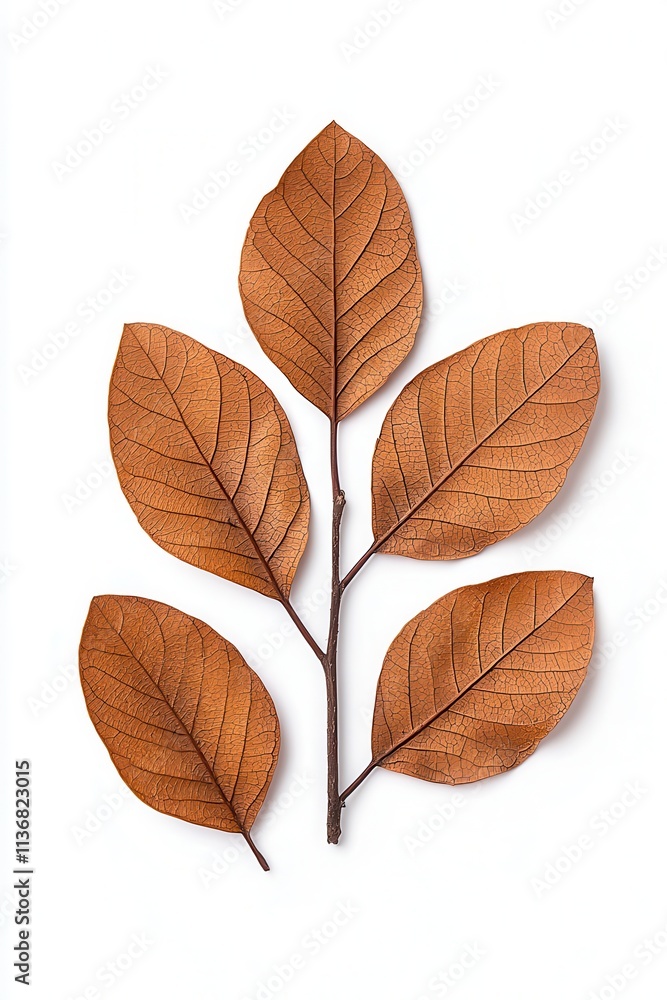 Obraz premium Aesthetic collection of dried, brown leaves arranged artfully on a clean white surface.