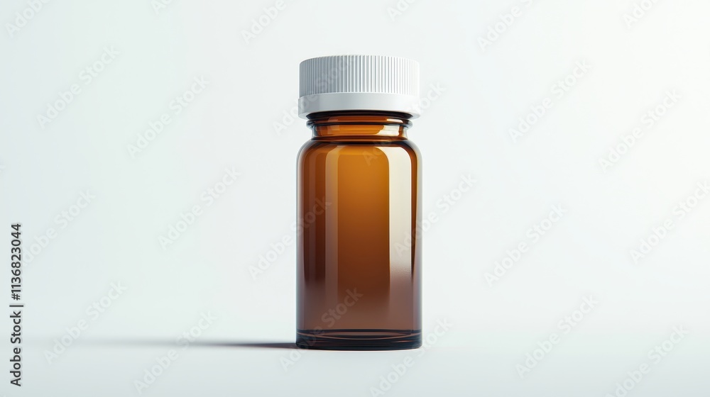 Brown glass bottle with white lid on a clean surface, ideal for pharmaceutical or cosmetic use, showcasing a minimalist design and elegant appearance Brown glass bottle with white lid on a clean surface, ideal for pharmaceutical or cosmetic use, showcasing a minimalist design and elegant appearance