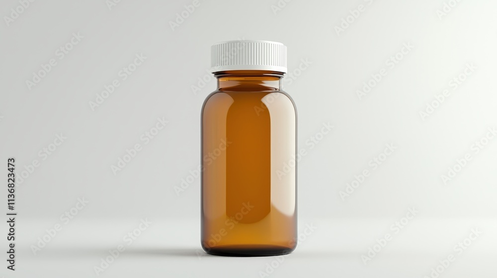 Amber Glass Bottle with White Lid for Pharmaceutical, Cosmetic, or Nutraceutical Use on a Minimalist Background for Product Display and Advertising Amber Glass Bottle with White Lid for Pharmaceutical, Cosmetic, or Nutraceutical Use on a Minimalist Background for Product Display and Advertising