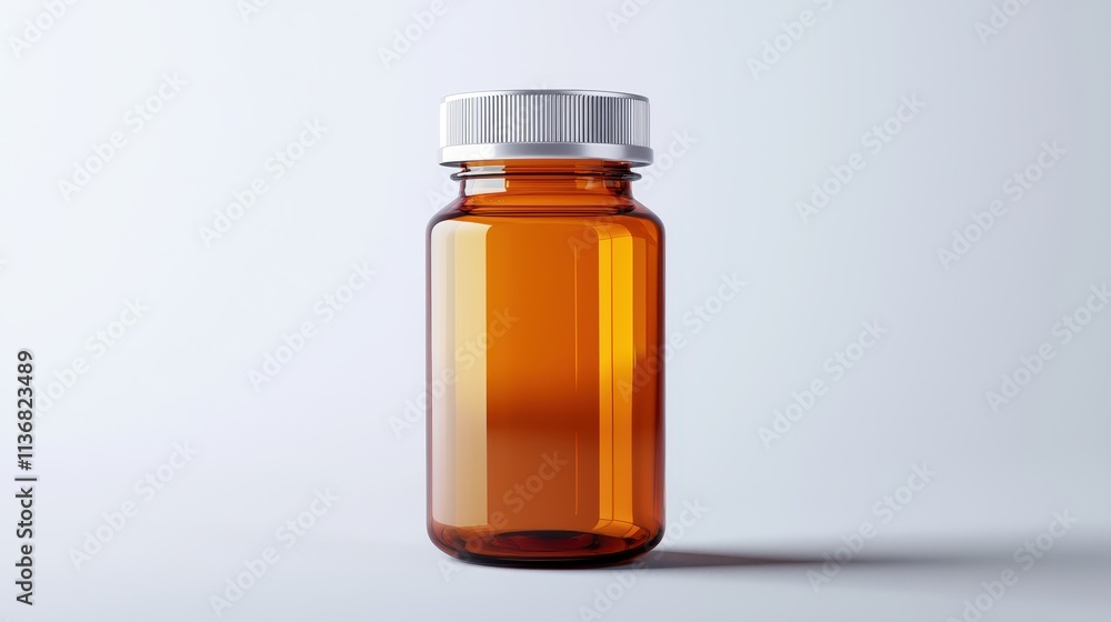 Glass amber bottle with a silver cap isolated on a clean white background for packaging, storage, and pharmaceutical applications in product photography Glass amber bottle with a silver cap isolated on a clean white background for packaging, storage, and pharmaceutical applications in product photography