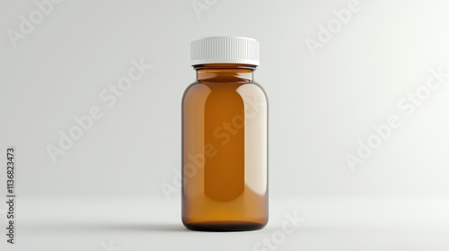 Amber Glass Bottle with White Lid for Pharmaceutical, Cosmetic, or Nutraceutical Use on a Minimalist Background for Product Display and Advertising