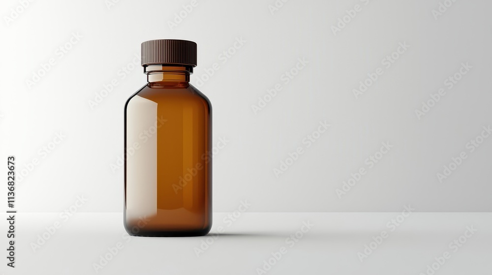 Transparent amber glass bottle with a brown cap placed on a clean white surface, perfect for packaging and storage of liquids and cosmetics in minimalistic design Transparent amber glass bottle with a brown cap placed on a clean white surface, perfect for packaging and storage of liquids and cosmetics in minimalistic design