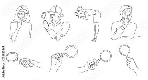 Linear looking through magnifying glass. Minimalist continuous one line people and detective hands using magnifiers in various poses for search, investigation and exploration vector illustrations set.