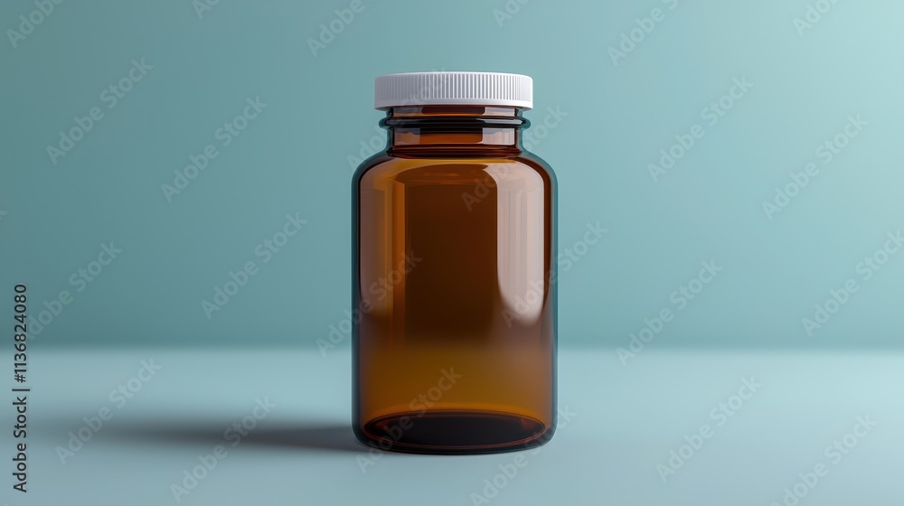 Empty Glass Bottle on a Soft Blue Background with a White Lid for Pharmaceutical or Cosmetic Use, Highlighting Product Packaging and Design Elements Empty Glass Bottle on a Soft Blue Background with a White Lid for Pharmaceutical or Cosmetic Use, Highlighting Product Packaging and Design Elements
