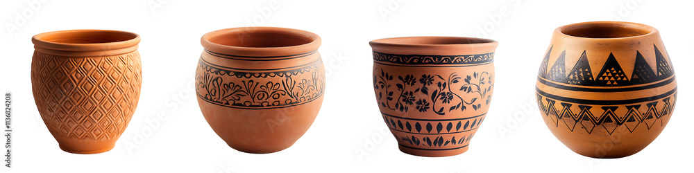 Set of a terracotta pot with simple patterns, isolated on a transparent background. Set of a terracotta pot with simple patterns, isolated on a transparent background.