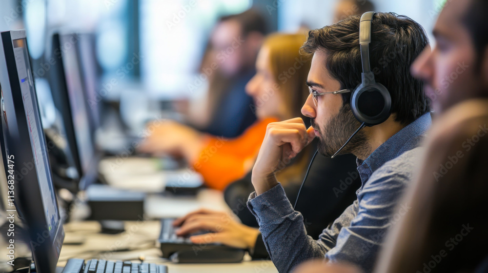 Focused software developer working in a modern office environment with headphones on while coding late in the afternoon Focused software developer working in a modern office environment with headphones on while coding late in the afternoon
