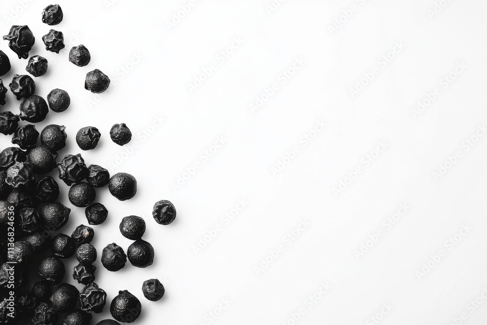An aesthetic arrangement of dark berries creates a striking contrast against a minimal white background, evoking simplicity. An aesthetic arrangement of dark berries creates a striking contrast against a minimal white background, evoking simplicity.