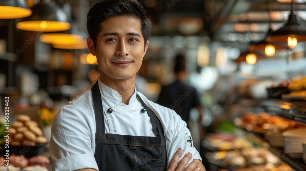 A smiling chef stands confidently in a bustling kitchen environment filled with food. A smiling chef stands confidently in a bustling kitchen environment filled with food.