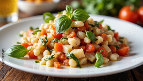 Fresh summer pasta salad bursting with flavors of basil, tomatoes, and delicious white beans