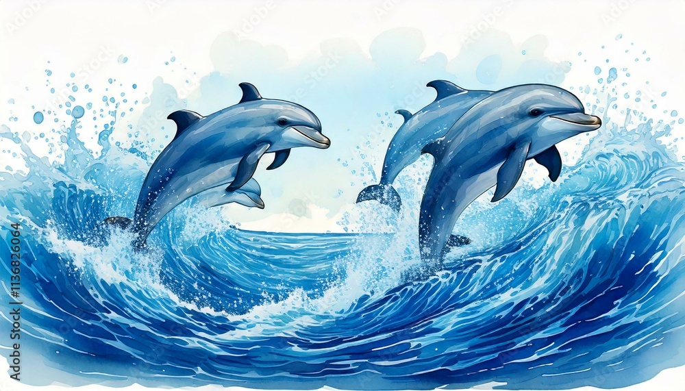 Fototapeta premium Playful watercolor dolphins leaping through ocean waves isolated on white with splashes of blue with copy space 