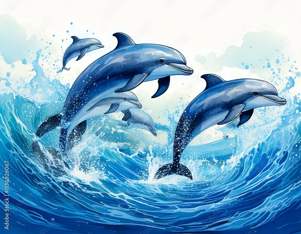 Fototapeta premium Playful watercolor dolphins leaping through ocean waves isolated on white with splashes of blue with copy space 