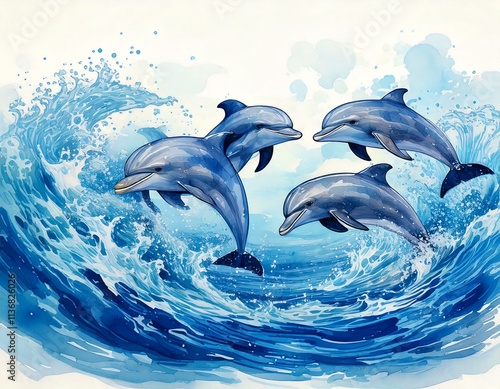 Playful watercolor dolphins leaping through ocean waves isolated on white with splashes of blue with copy space  photo