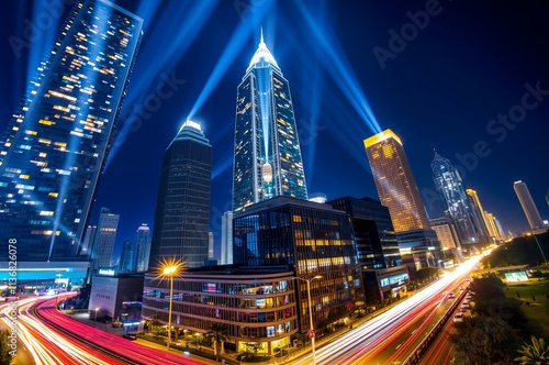 Wallpaper Mural Vibrant Night Cityscape with Skyscrapers and Light Beams Torontodigital.ca