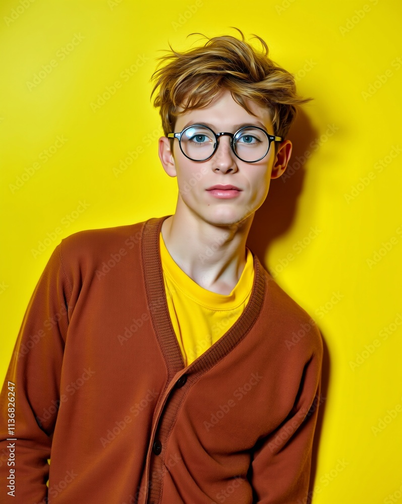 Stylish Young Man with Glasses Against Bright Yellow Background Stylish Young Man with Glasses Against Bright Yellow Background