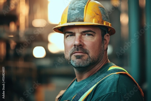 A male construction worker wearing a safety helmet, determined expression, industrial lighting, blurred construction background,