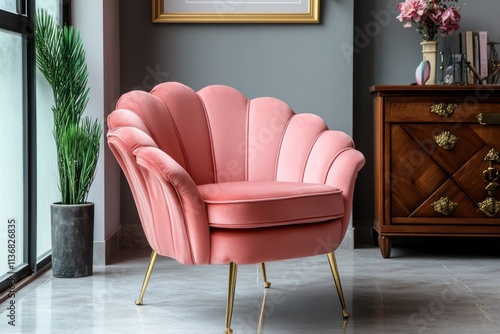 Pink velvet armchair with scallop shell design, gold legs, in modern living room. photo