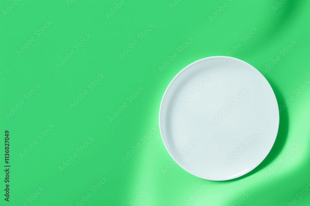 Minimalist White Plate on Vibrant Green Background Minimalist White Plate on Vibrant Green Background