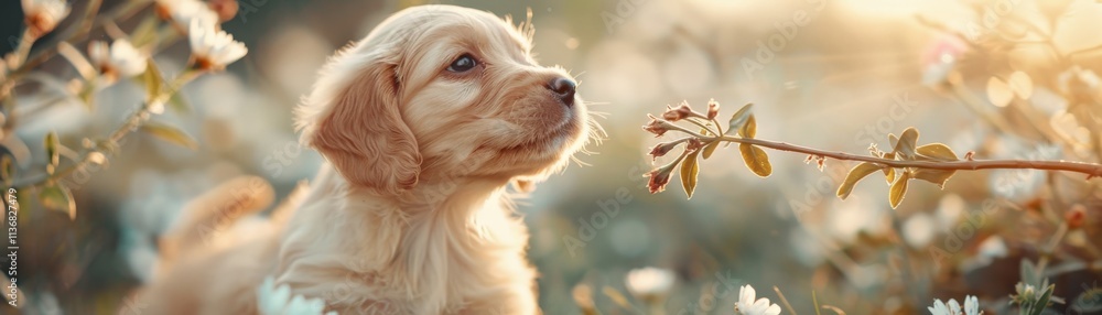 A playful puppy explores a flower-filled garden, basking in the warm sunlight, capturing the essence of joy and innocence. A playful puppy explores a flower-filled garden, basking in the warm sunlight, capturing the essence of joy and innocence.