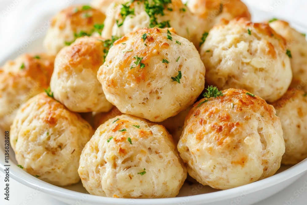 Fototapeta premium Freshly baked golden biscuits garnished with herbs, served on a plate, evoking warmth and comfort in every bite.