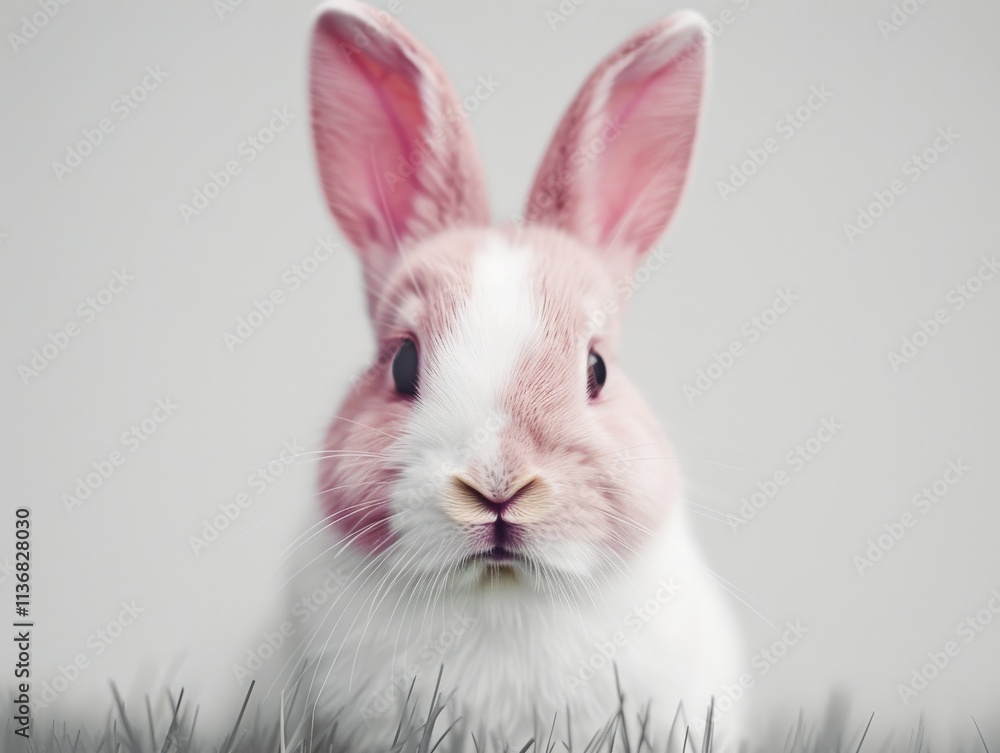 Fototapeta premium A cute rabbit with pink ears sits in soft grass, exuding charm and innocence against a neutral background.
