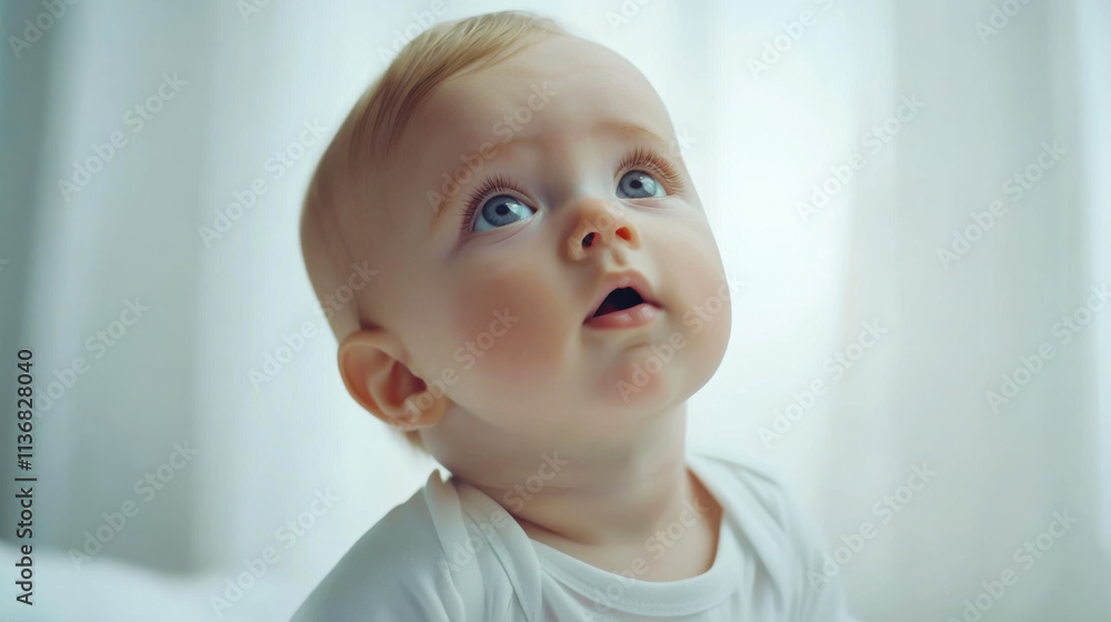 Baby gazing with curiosity indoors during a calm afternoon Baby gazing with curiosity indoors during a calm afternoon