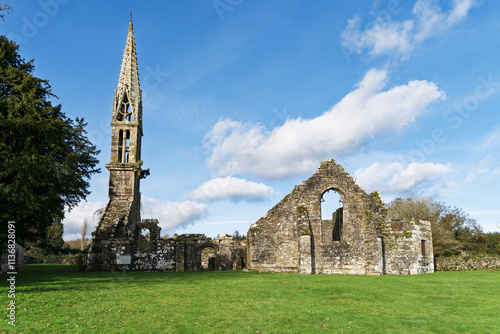 L'ancienne église Saint-Pierre de Quimerc'h, désormais en ruines, se dresse fièrement au milieu de la végétation, avec ses murs de pierre partiellement effondrés et ses arches ouvertes vers le ciel. photo