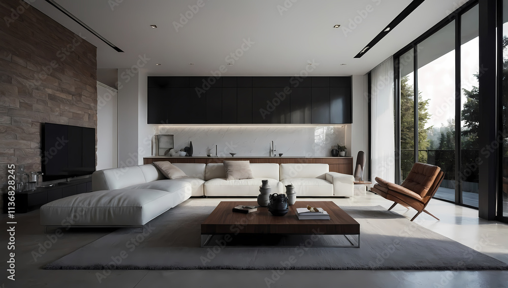 Fototapeta premium Modern living room with a sleek sofa, wooden coffee table, and large windows bringing in natural light.