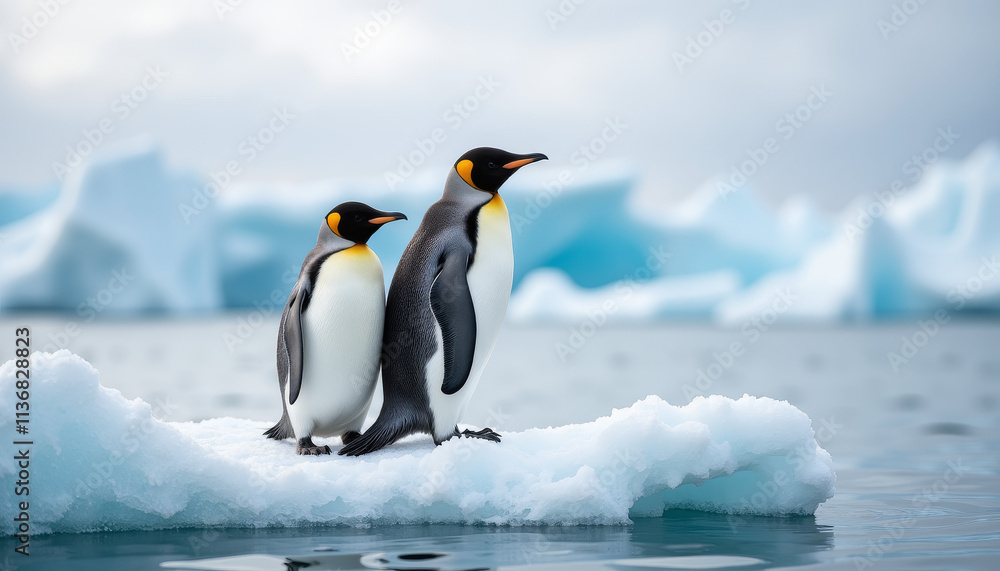 Fototapeta premium Majestic emperor penguins basking on an ice floe under a cloudy Antarctic sky