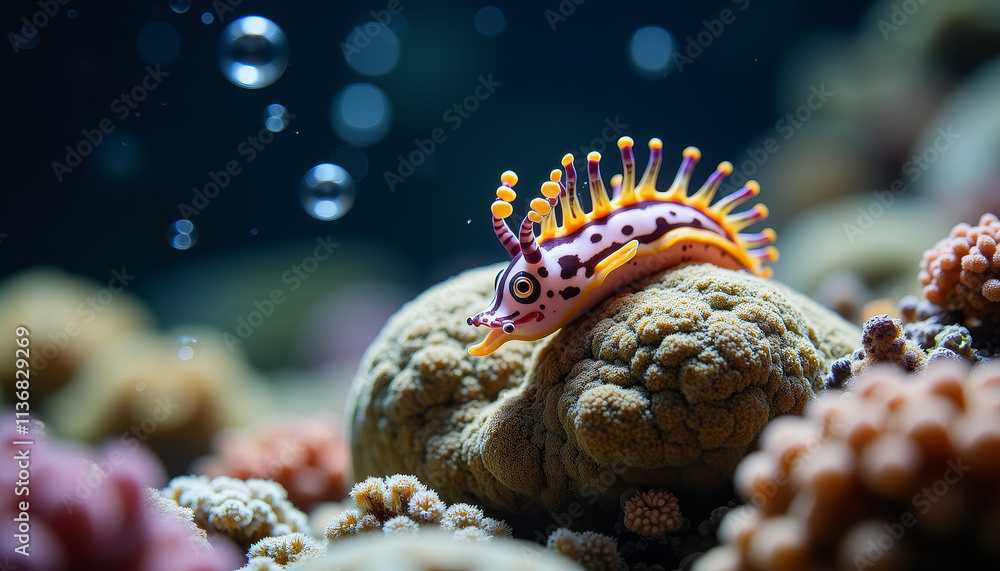 Obraz premium Colorful sea slug exploring vibrant coral reef during a serene underwater moment