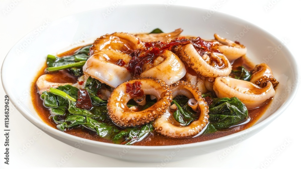A vibrant dish featuring cooked octopus and greens in a rich sauce, emphasizing culinary artistry and gourmet flavors. A vibrant dish featuring cooked octopus and greens in a rich sauce, emphasizing culinary artistry and gourmet flavors.