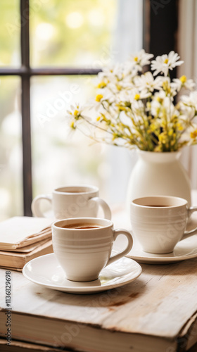 Morning coffee with vase with flowers near the window.